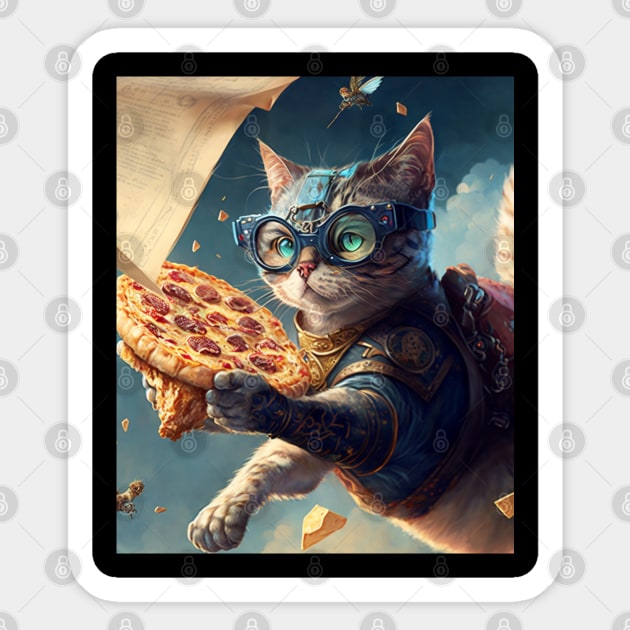 Funny Cat Flying and Delivering Pizza - Funny Digital Artwork Futuristic Art Birthday Gift Idea For Mom Sticker by Pezzolano